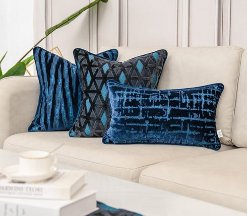 Luxury Pillowcase for Couch Flowers Leaves Pattern Cut Velvet Cushion Cover Home Decor Navy Blue Throw Pillow Case