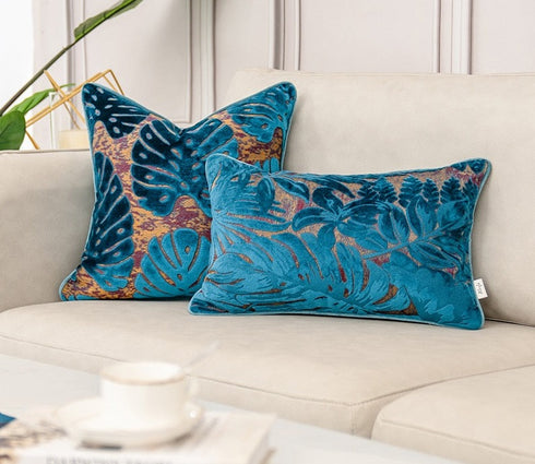 Luxury Pillowcase for Couch Flowers Leaves Pattern Cut Velvet Cushion Cover Home Decor Navy Blue Throw Pillow Case