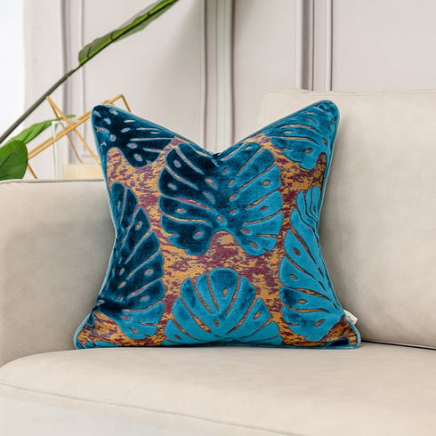 Luxury Pillowcase for Couch Flowers Leaves Pattern Cut Velvet Cushion Cover Home Decor Navy Blue Throw Pillow Case