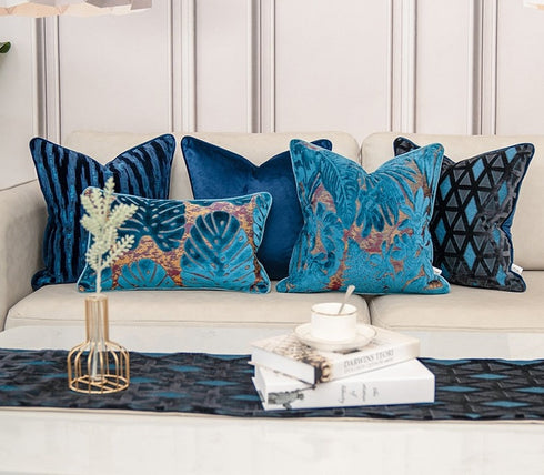 Luxury Pillowcase for Couch Flowers Leaves Pattern Cut Velvet Cushion Cover Home Decor Navy Blue Throw Pillow Case