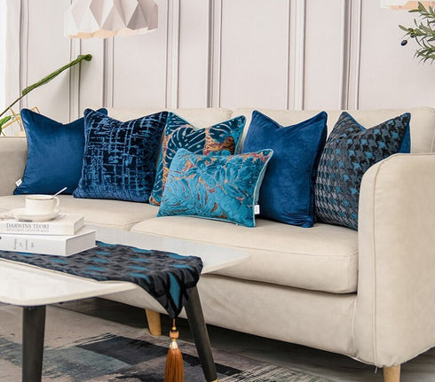 Luxury Pillowcase for Couch Flowers Leaves Pattern Cut Velvet Cushion Cover Home Decor Navy Blue Throw Pillow Case