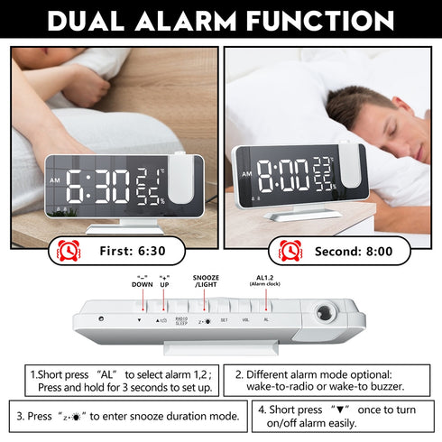 Radio LED Digital Smart Alarm Clock Watch Table Electronic Desktop Clocks USB Wake Up Clock with 180° Time Projector Snooze