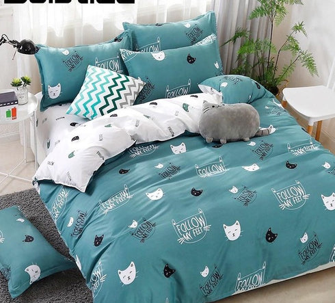 Solstice Home Textile Cyan Cute Cat Kitty Duvet Cover Pillowcase Bed Sheet ,Bedding Covers Set King Queen Twin