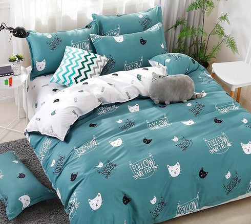 Solstice Home Textile Cyan Cute Cat Kitty Duvet Cover Pillowcase Bed Sheet ,Bedding Covers Set King Queen Twin