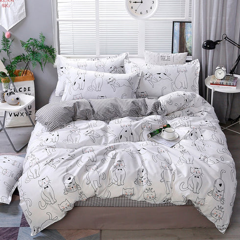 Solstice Home Textile Cyan Cute Cat Kitty Duvet Cover Pillowcase Bed Sheet ,Bedding Covers Set King Queen Twin