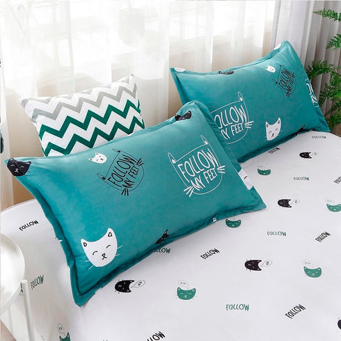 Solstice Home Textile Cyan Cute Cat Kitty Duvet Cover Pillowcase Bed Sheet ,Bedding Covers Set King Queen Twin