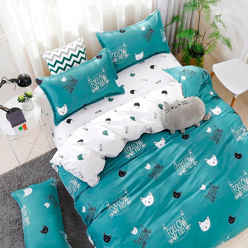 Solstice Home Textile Cyan Cute Cat Kitty Duvet Cover Pillowcase Bed Sheet ,Bedding Covers Set King Queen Twin