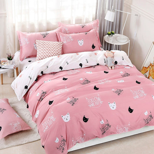 Solstice Home Textile Cyan Cute Cat Kitty Duvet Cover Pillowcase Bed Sheet ,Bedding Covers Set King Queen Twin