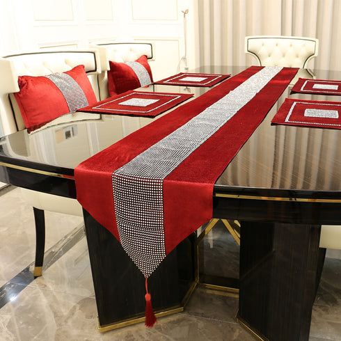 Modern And Luxury Table Runner with Handmade Rhinestones European Tasseled Flannel Table Runner.