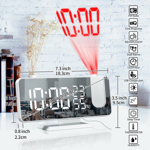 Radio LED Digital Smart Alarm Clock Watch Table Electronic Desktop Clocks USB Wake Up Clock with 180° Time Projector Snooze
