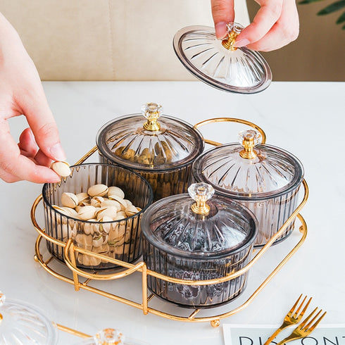 Fruit Plate Snack dish Transparent Round Fruit dish Snack Grid Plate Snack tray Iron Box with Lid dessert tray