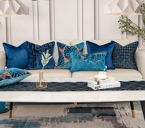 Luxury Pillowcase for Couch Flowers Leaves Pattern Cut Velvet Cushion Cover Home Decor Navy Blue Throw Pillow Case