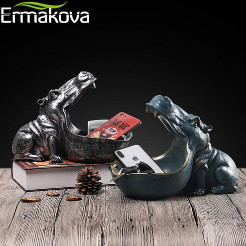 Resin Hippo Statue Hippopotamus Sculpture Figurine Key Candy Container Decoration Home Table Decoration Accessories