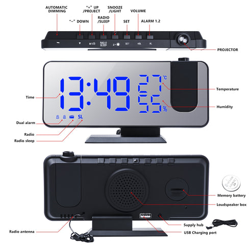 Radio LED Digital Smart Alarm Clock Watch Table Electronic Desktop Clocks USB Wake Up Clock with 180° Time Projector Snooze