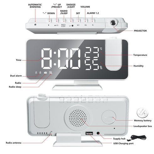 Radio LED Digital Smart Alarm Clock Watch Table Electronic Desktop Clocks USB Wake Up Clock with 180° Time Projector Snooze
