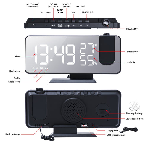 Radio LED Digital Smart Alarm Clock Watch Table Electronic Desktop Clocks USB Wake Up Clock with 180° Time Projector Snooze