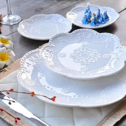 European Style Flat Plate-6"8"10"Western Steak Plate -Embossed Round Shallow Plate Pure White Bone China Dessert Tray Home Acces