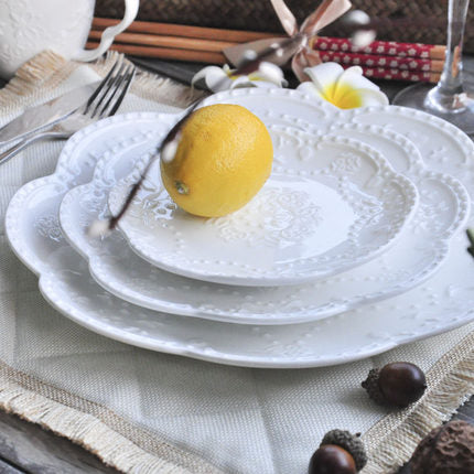 European Style Flat Plate-6"8"10"Western Steak Plate -Embossed Round Shallow Plate Pure White Bone China Dessert Tray Home Acces