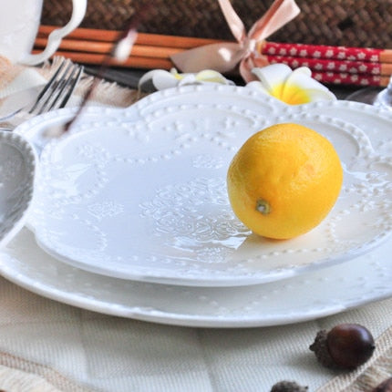 European Style Flat Plate-6"8"10"Western Steak Plate -Embossed Round Shallow Plate Pure White Bone China Dessert Tray Home Acces