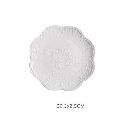 European Style Flat Plate-6"8"10"Western Steak Plate -Embossed Round Shallow Plate Pure White Bone China Dessert Tray Home Acces