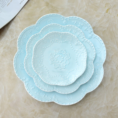 European Style Flat Plate-6"8"10"Western Steak Plate -Embossed Round Shallow Plate Pure White Bone China Dessert Tray Home Acces